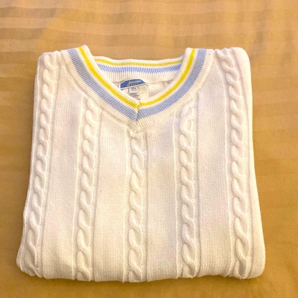 Jacadi Paris Girls V-Neck Cotton Sweater with Cable Design. Size 12A.